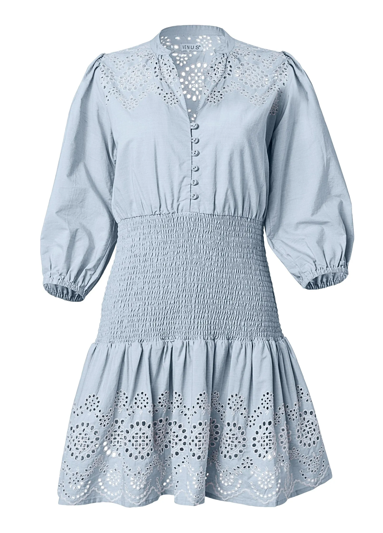 Smocked Waist Eyelet Dress - Light Blue & White