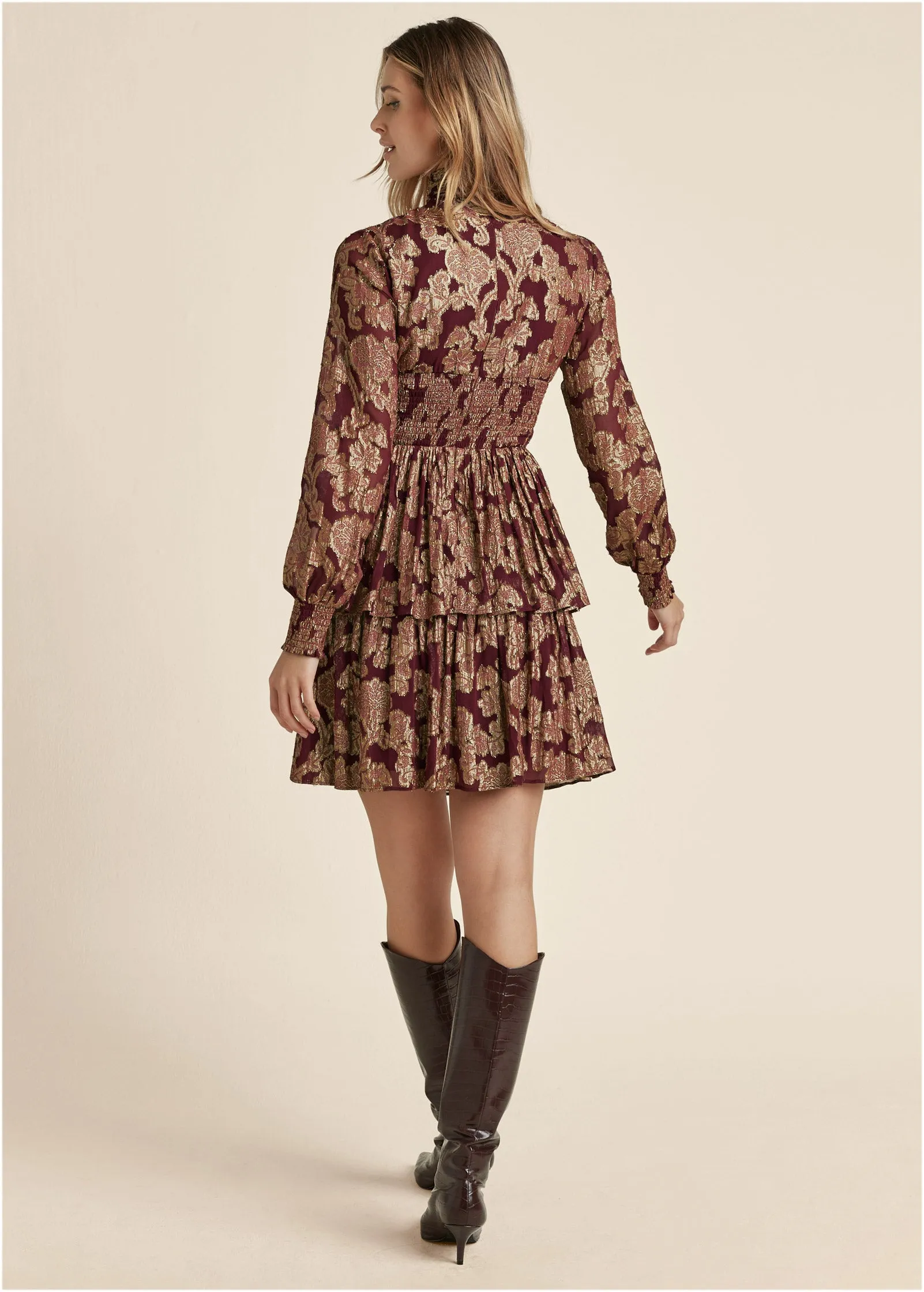 Smocked Waist Jaquard Mini Dress - Wine & Gold