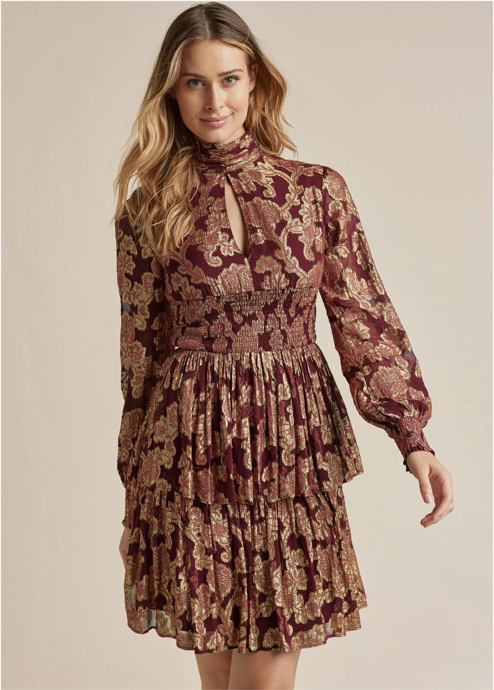 Smocked Waist Jaquard Mini Dress - Wine & Gold