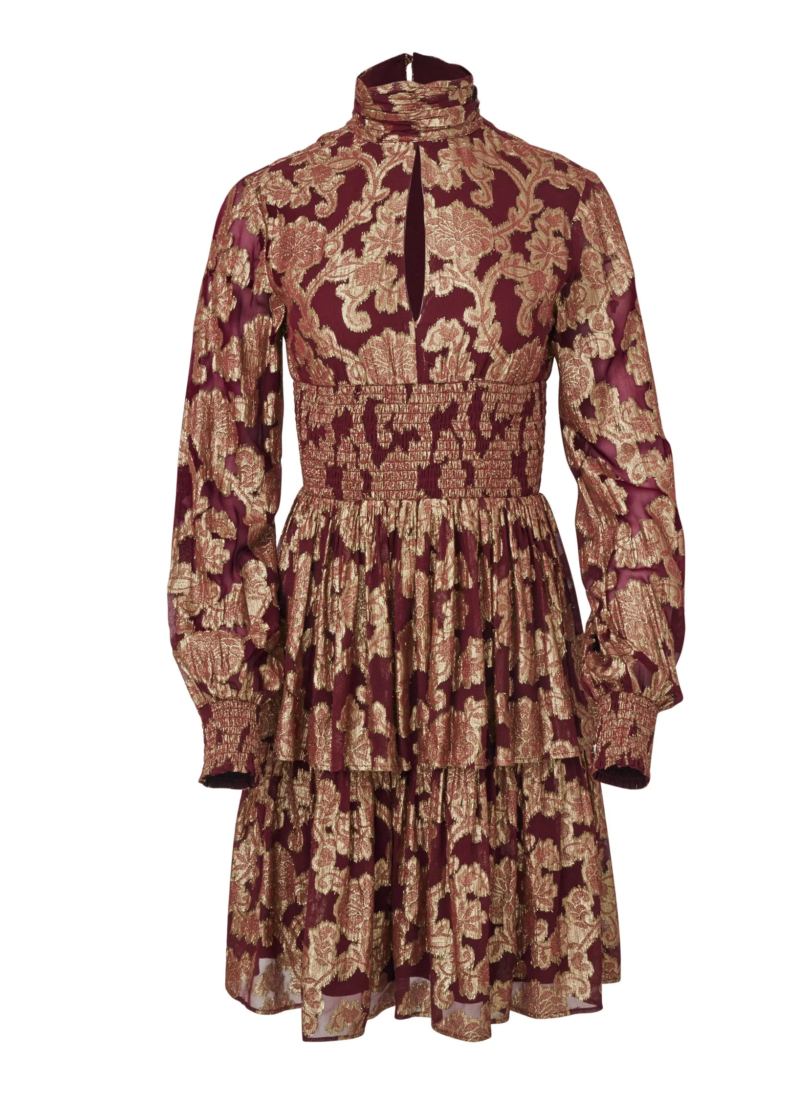 Smocked Waist Jaquard Mini Dress - Wine & Gold