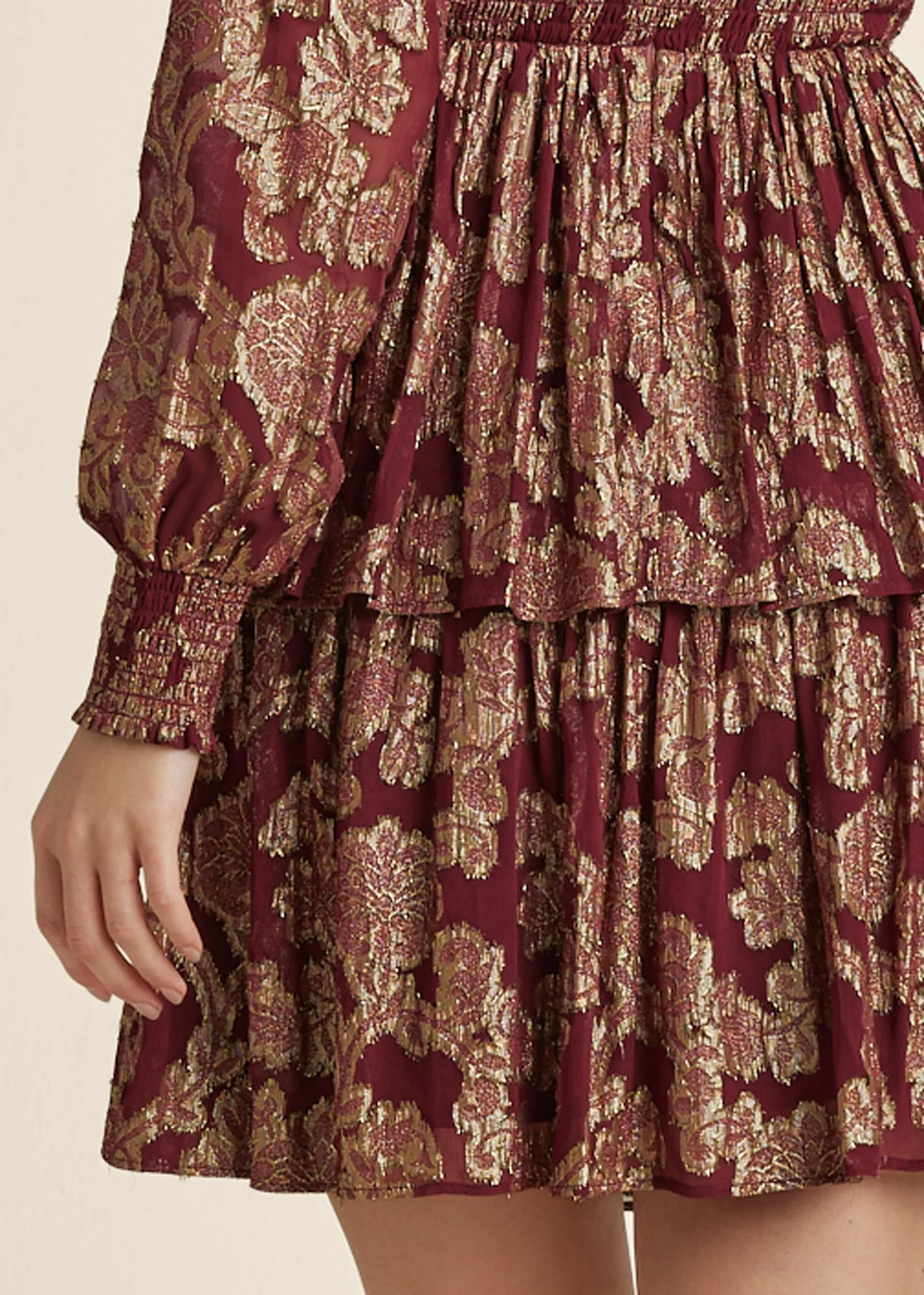 Smocked Waist Jaquard Mini Dress - Wine & Gold