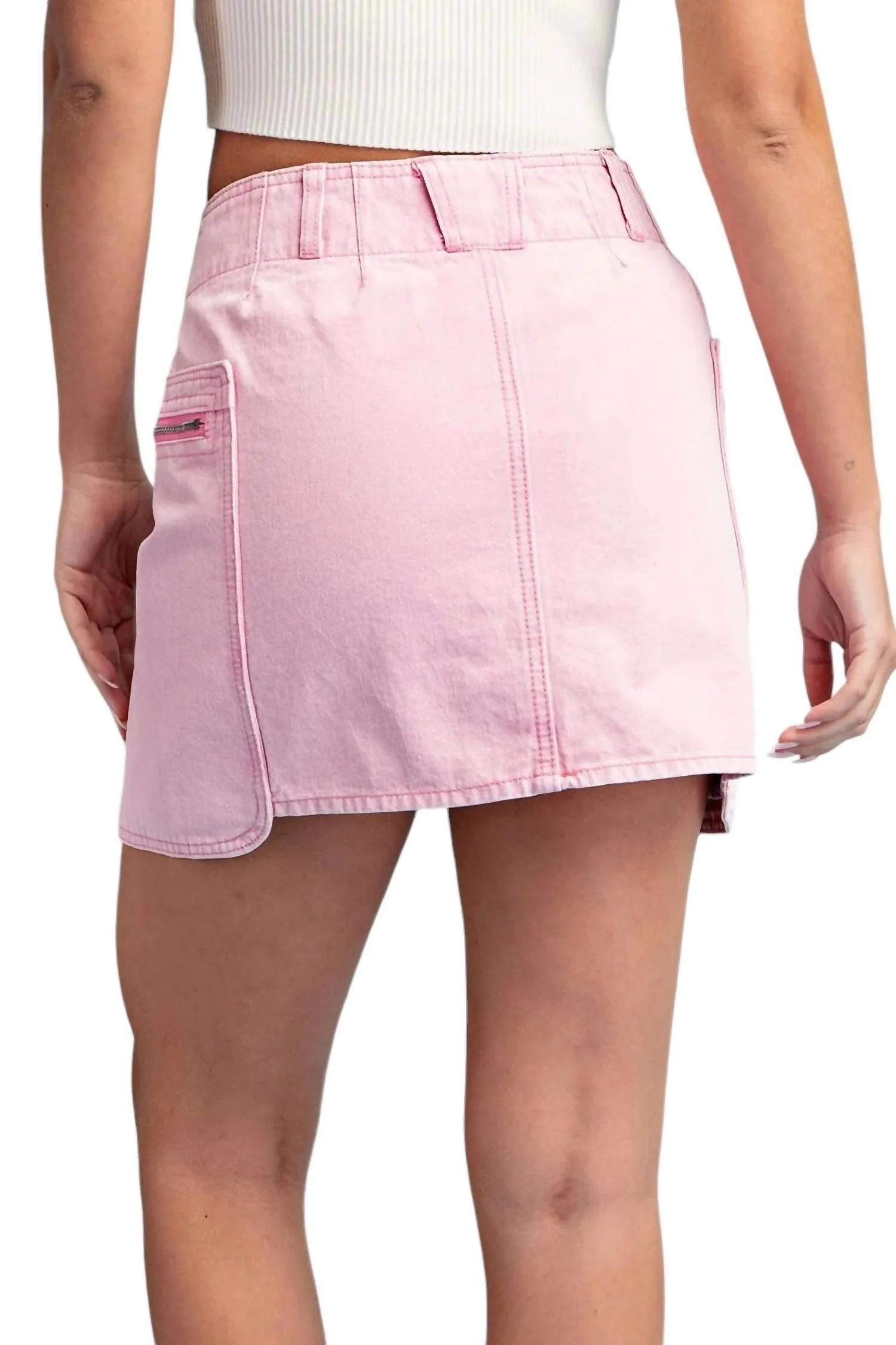 Stone Washed Mini Cargo Skirt In Bubble Gum