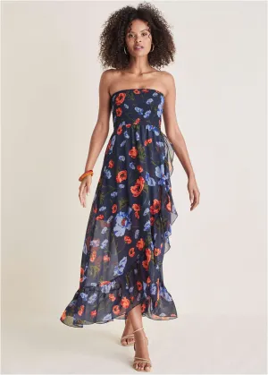 Strapless Ruffle Maxi - Forest Floral Iris