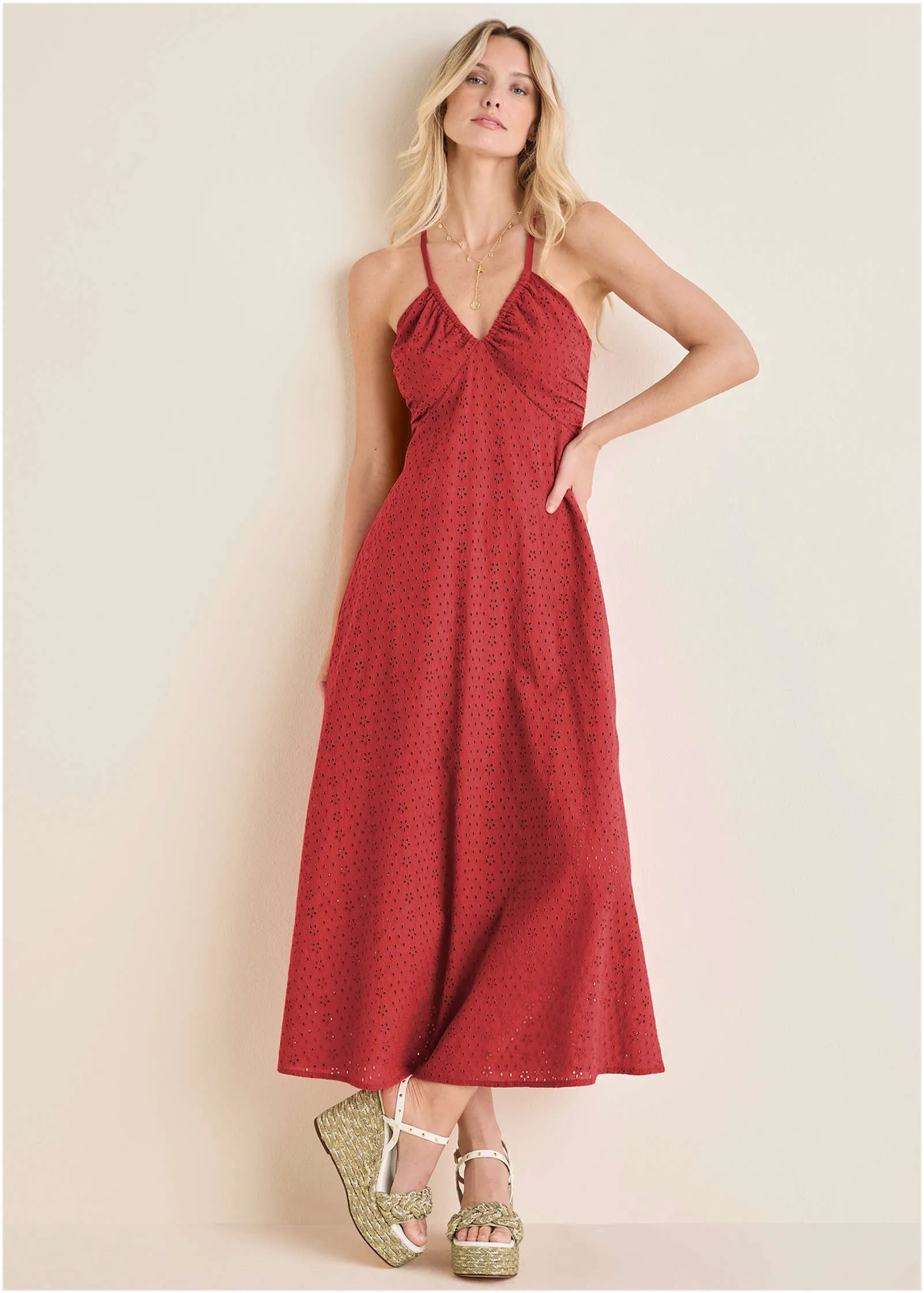 Strappy Back Eyelet Maxi - Rococco Red