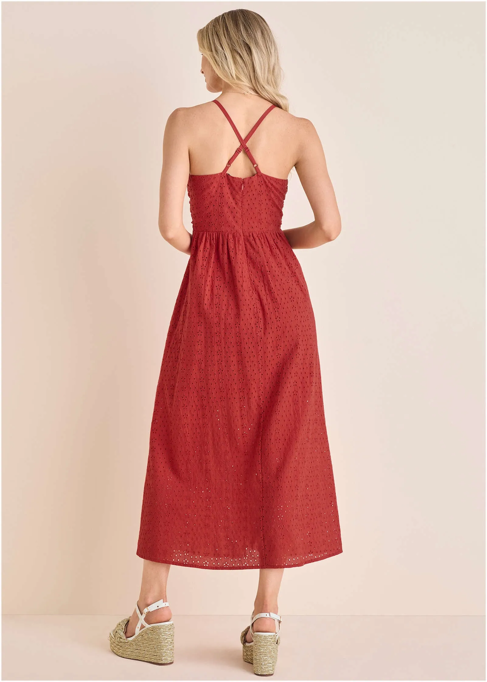 Strappy Back Eyelet Maxi - Rococco Red