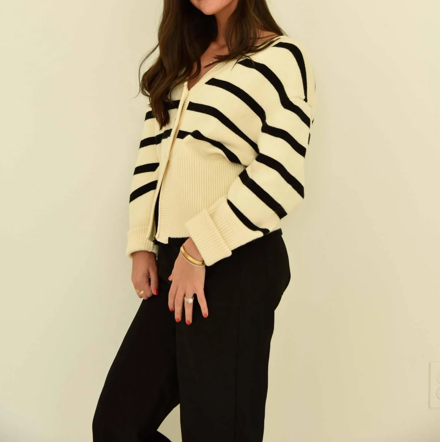 Striped Button Down Cardigan Sweater In Cream