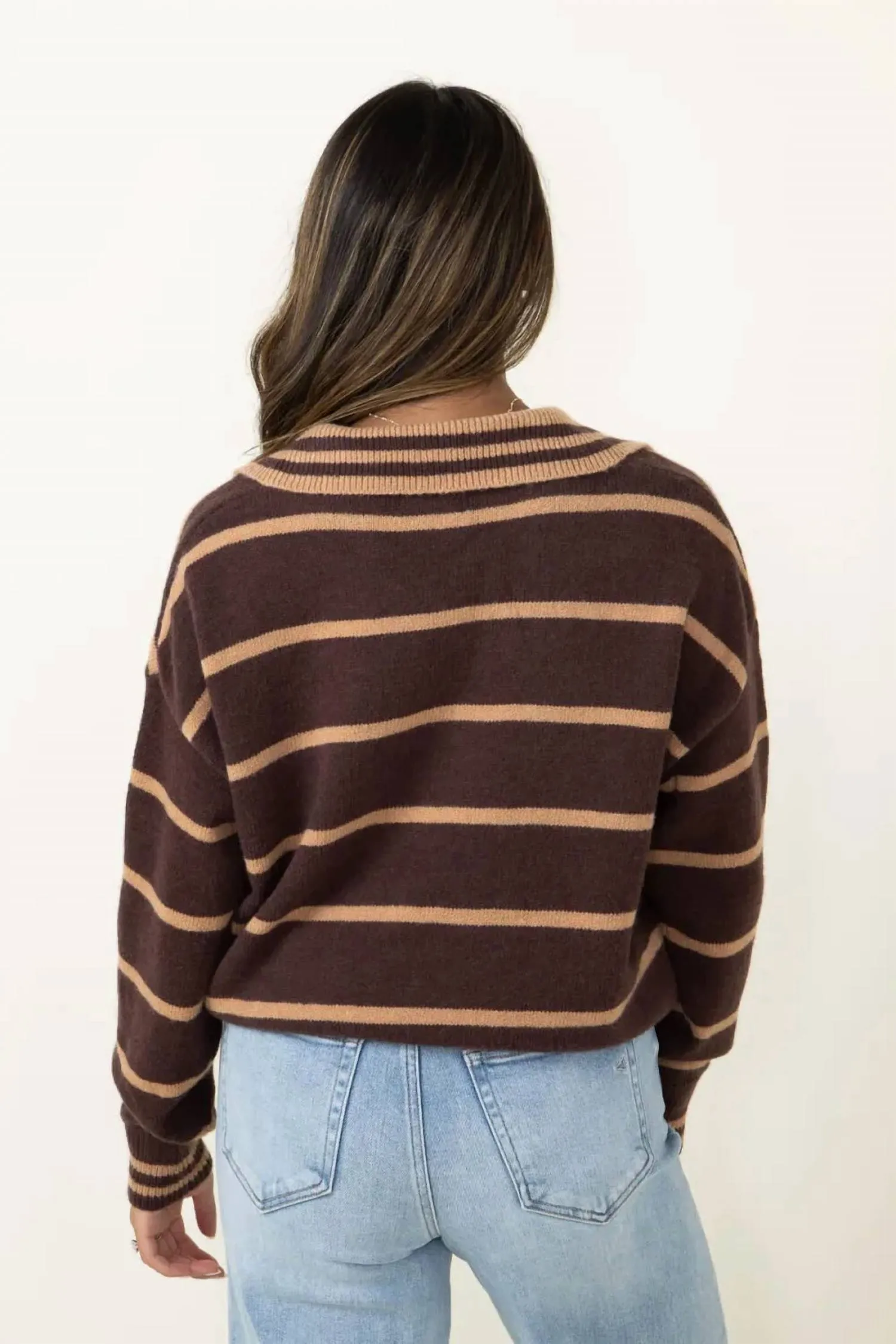 Striped Collared Sweater In Taupe/mocha