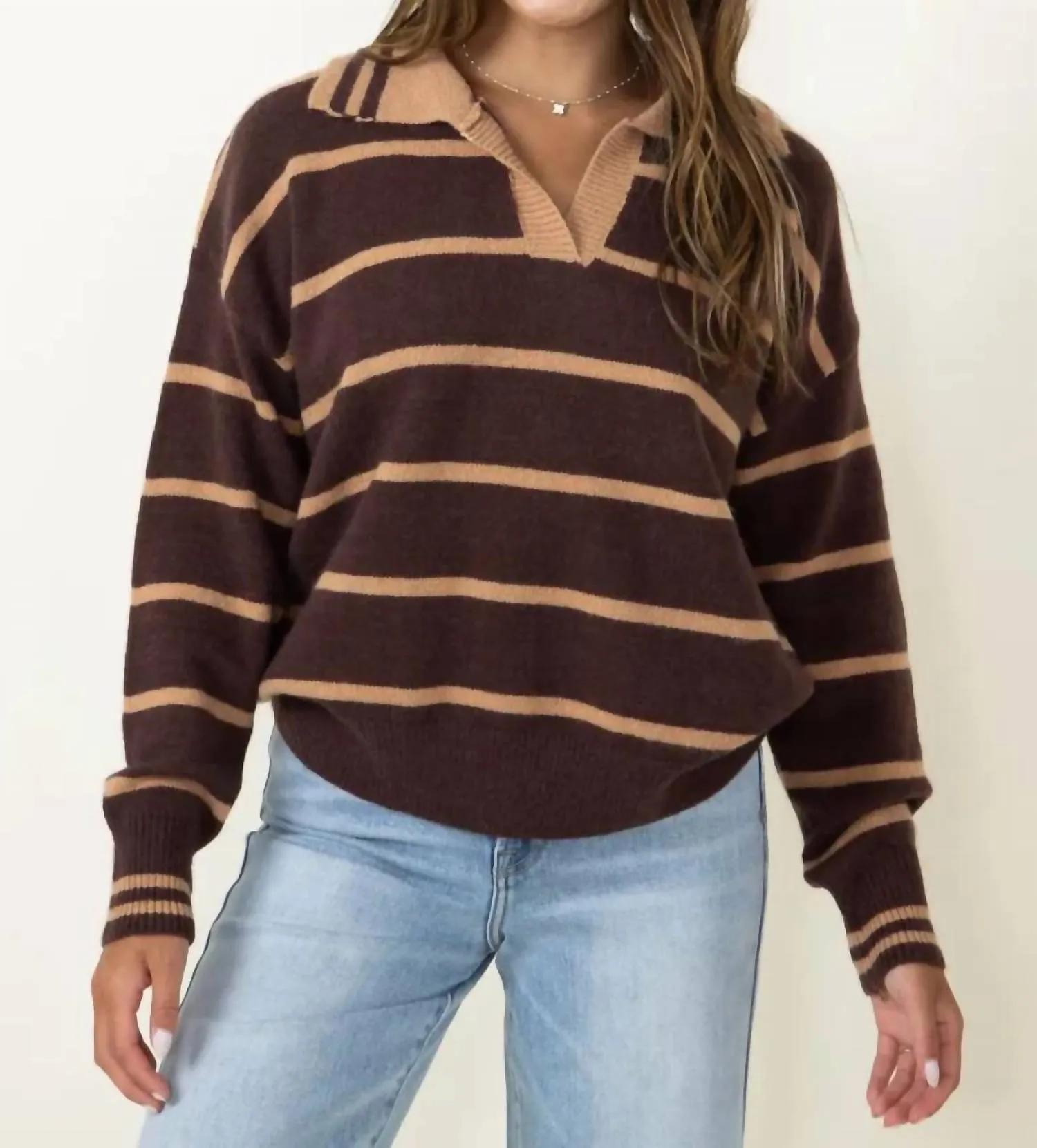 Striped Collared Sweater In Taupe/mocha