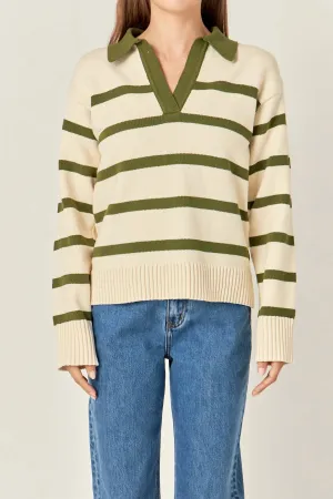 Striped Knit Polo Sweater In Cream/olive