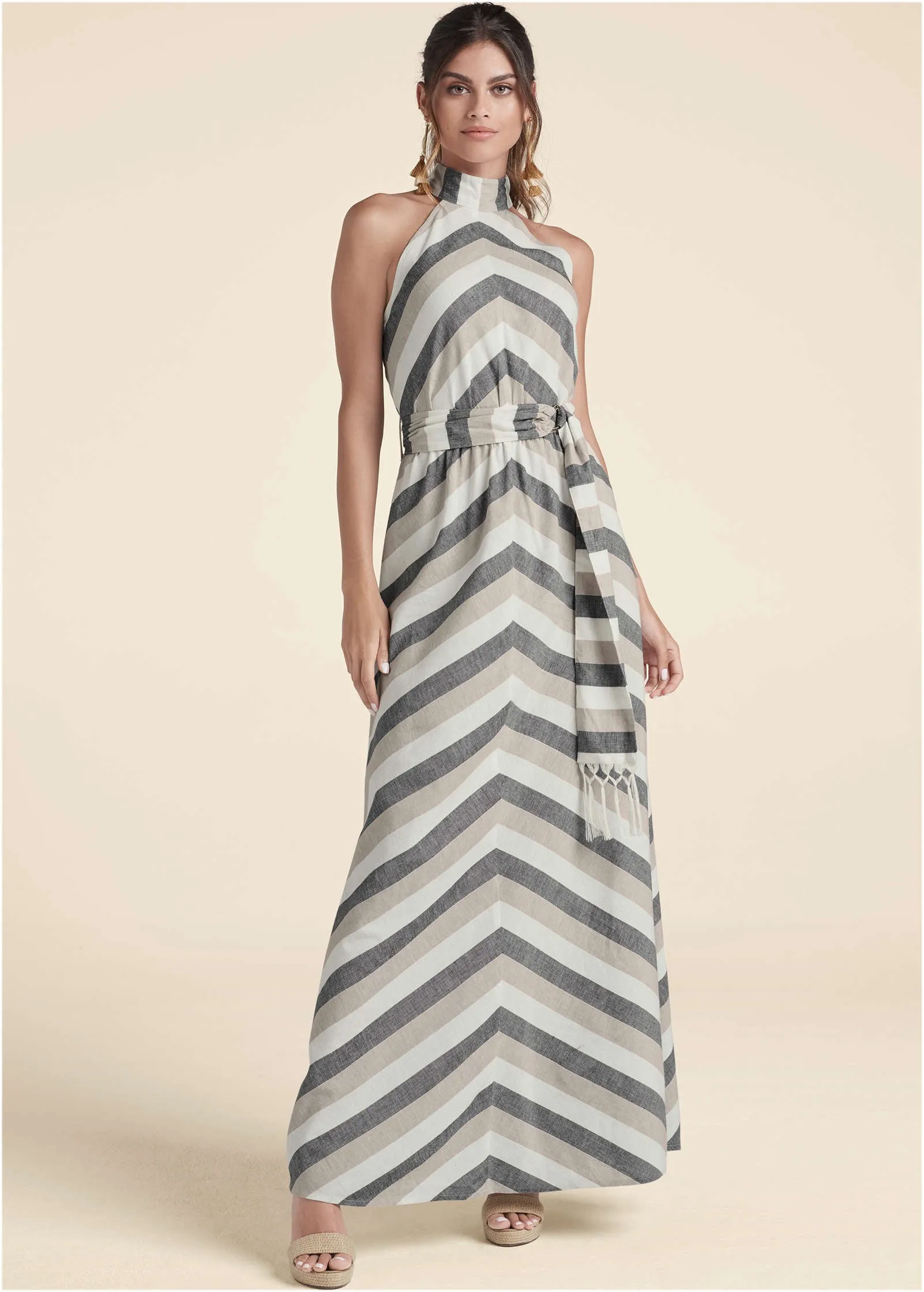 Striped Linen Dress - White Multi