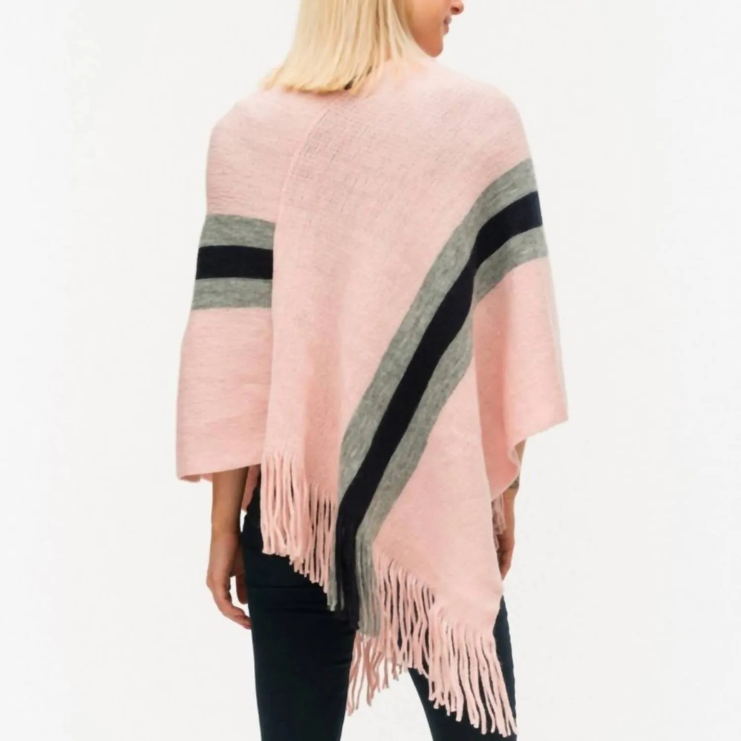 Stripes Fringed Knit Poncho In Pink With Black & White