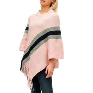 Stripes Fringed Knit Poncho In Pink With Black & White