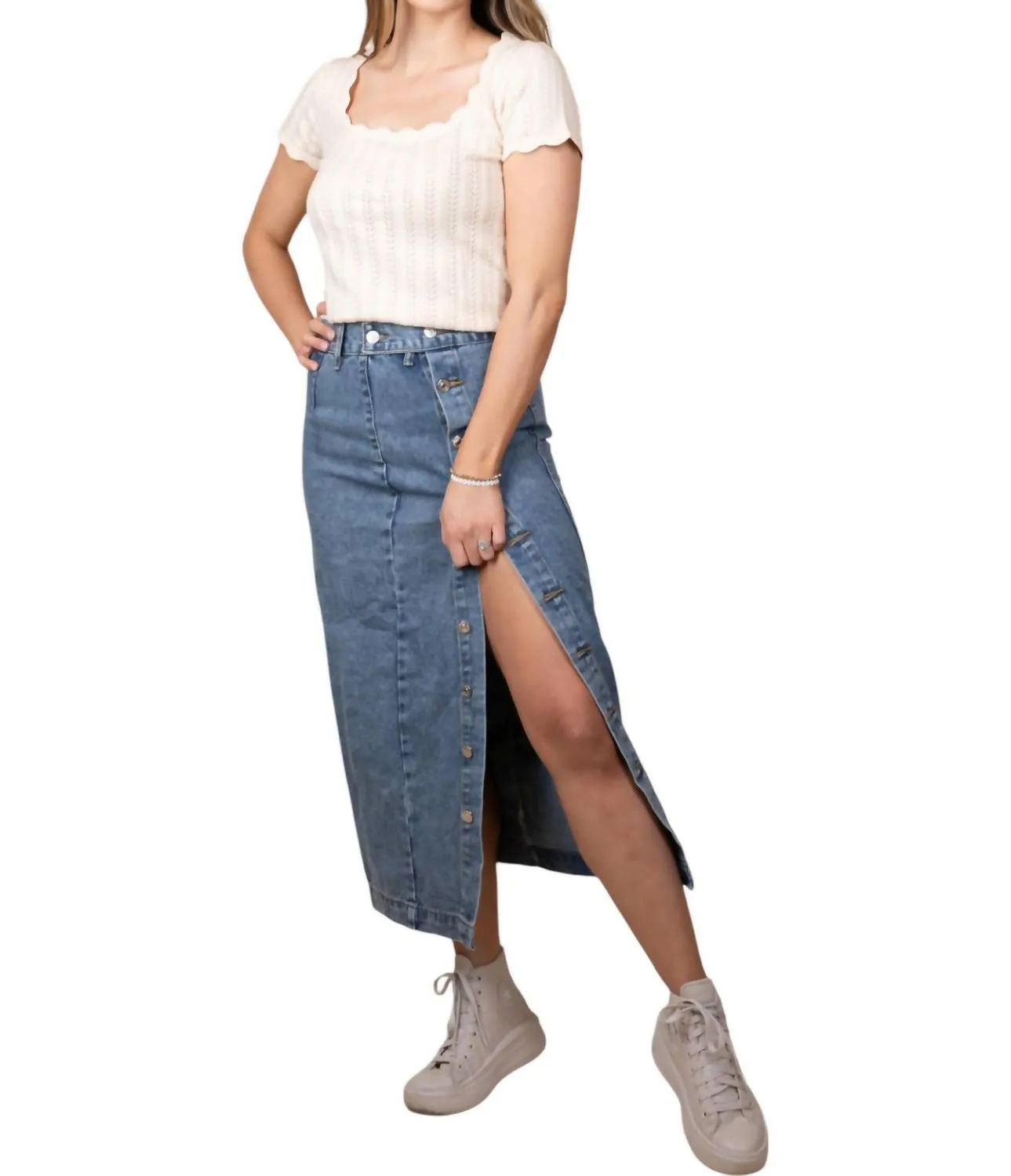 Taylor Denim Midi Skirt In Dark Wash