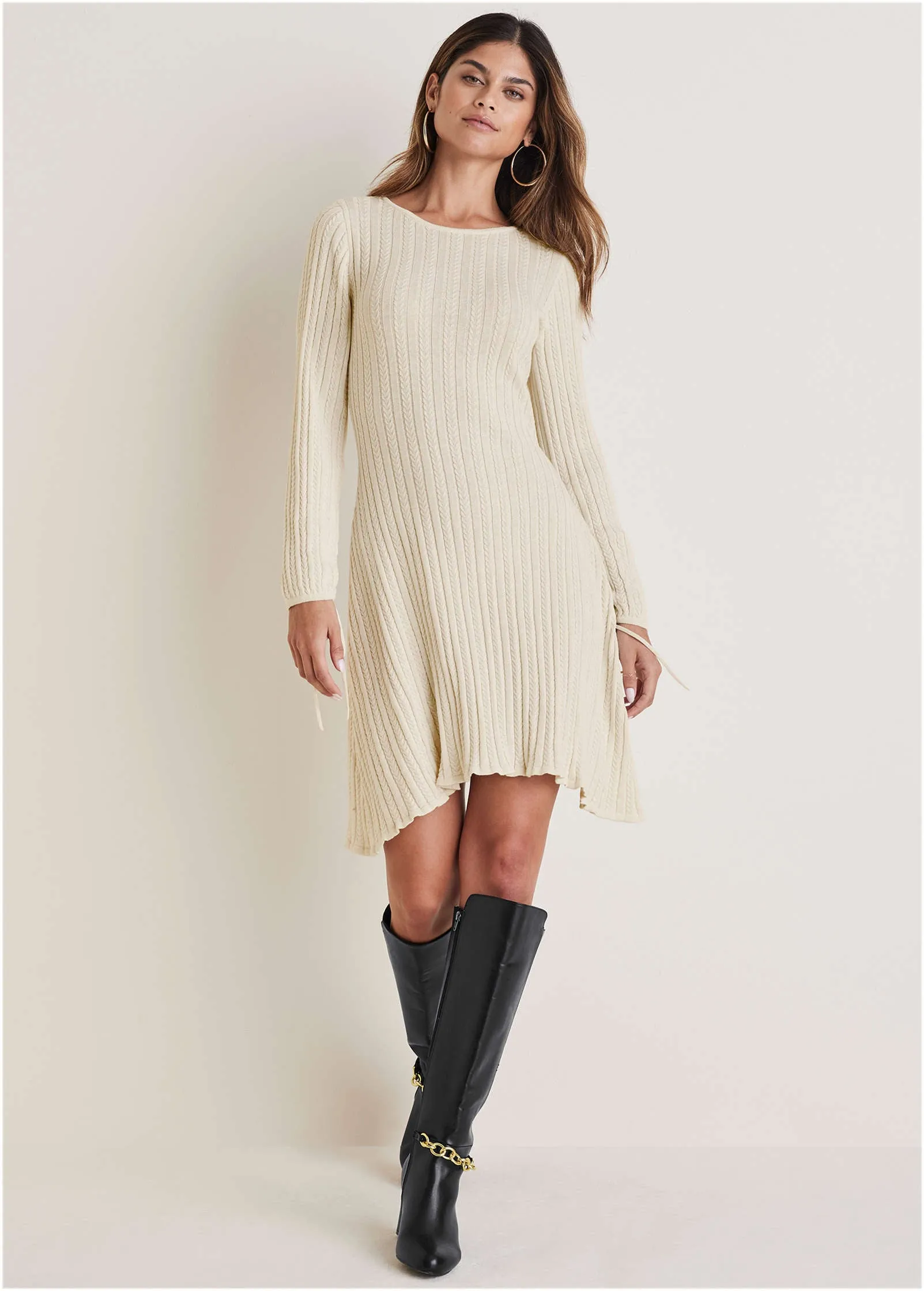 Tie Detail Mini Sweater Dress - Off White