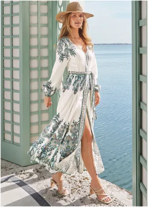 Tie-Waist Linen Maxi Dress - White Multi