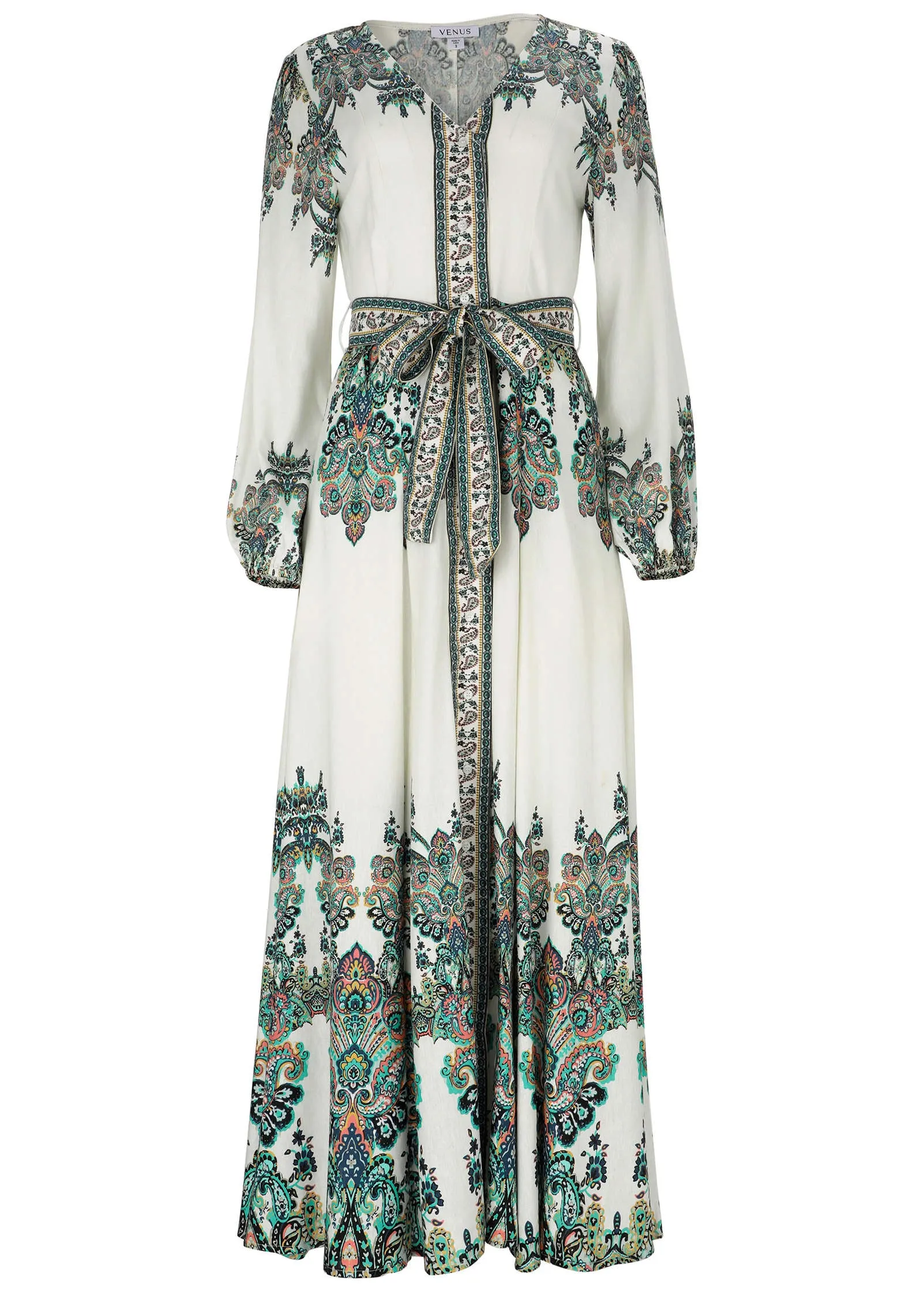 Tie-Waist Linen Maxi Dress - White Multi