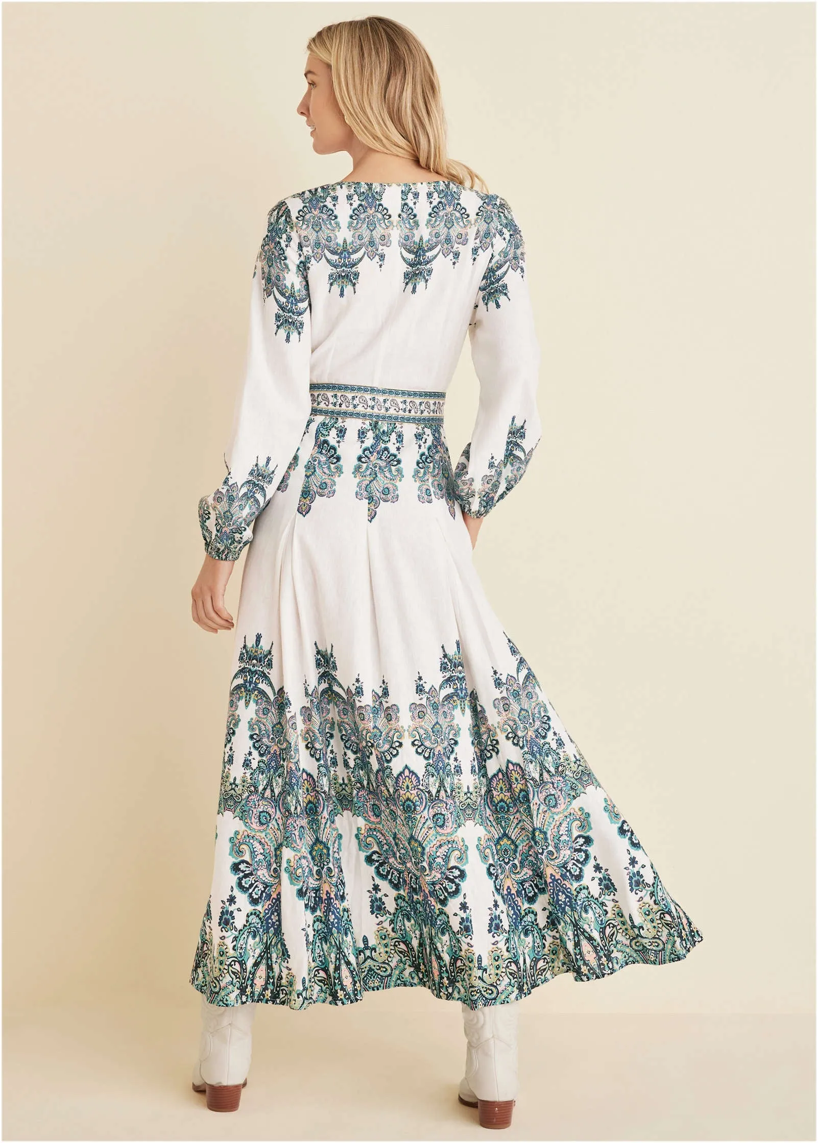 Tie-Waist Linen Maxi Dress - White Multi