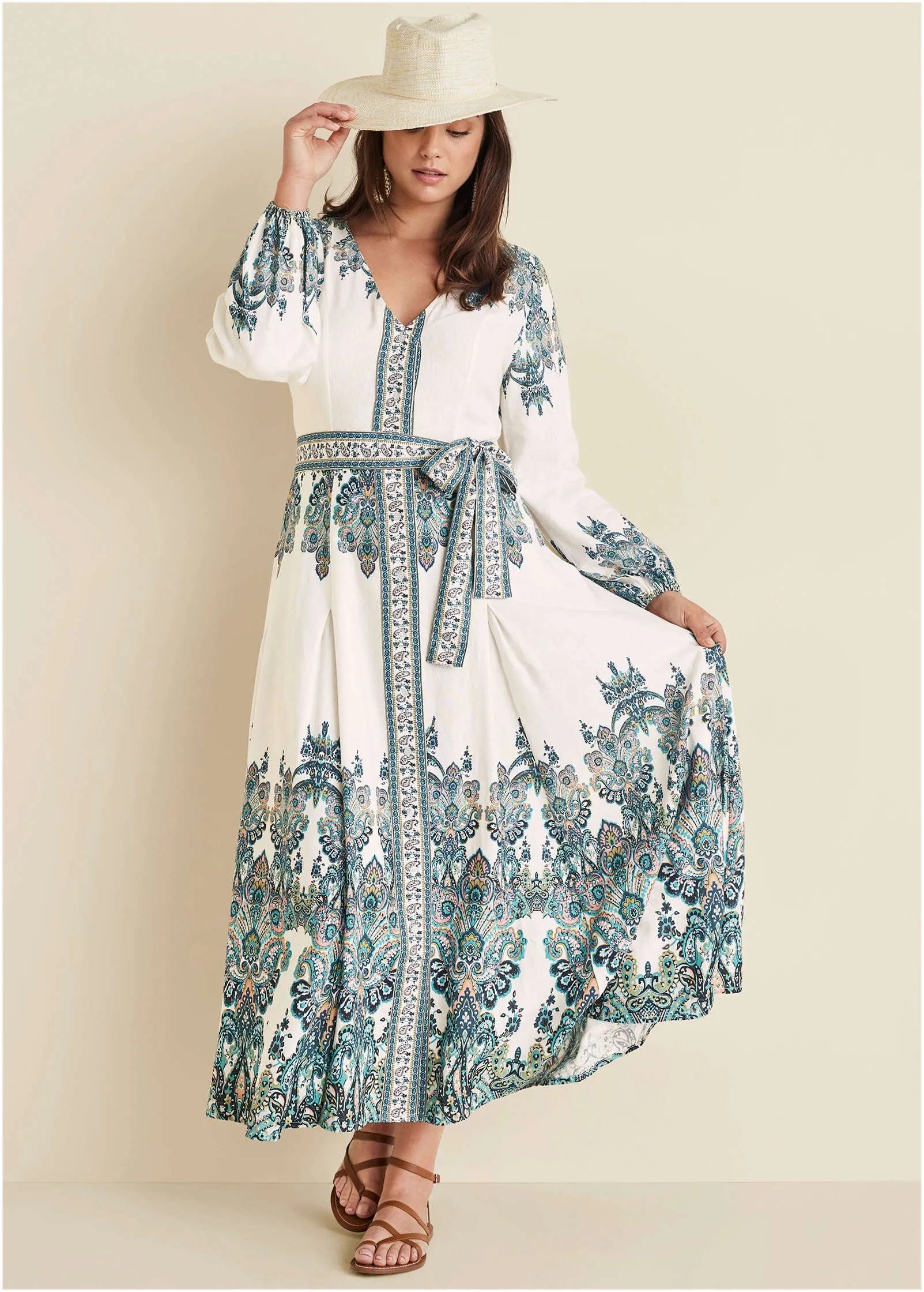 Tie-Waist Linen Maxi Dress - White Multi