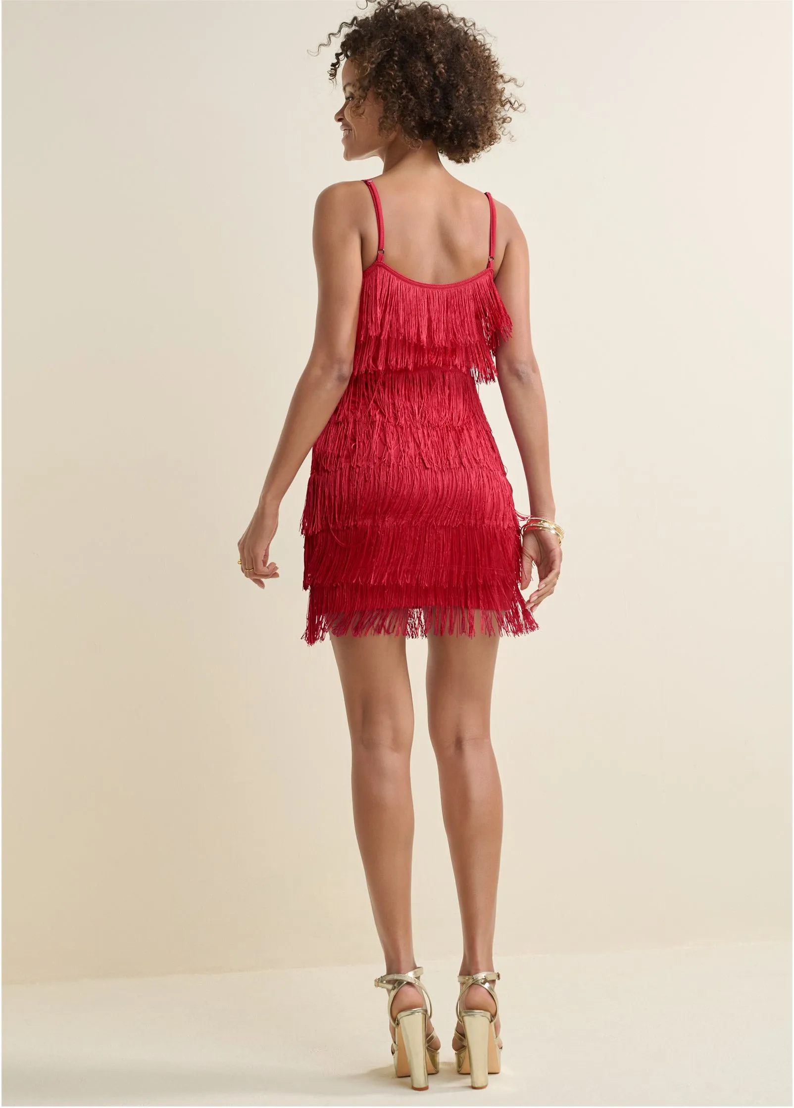 Tiered Fringe Mini Dress - Red