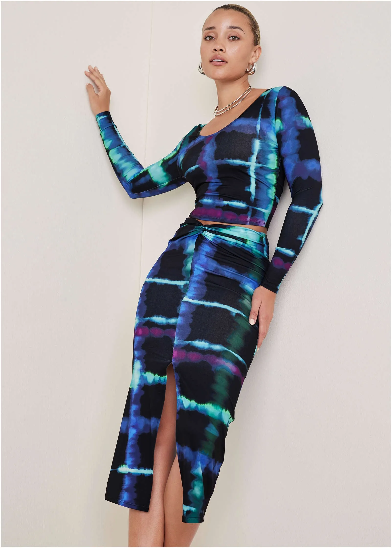 Twist Front Midi Set - Blurred Plaid