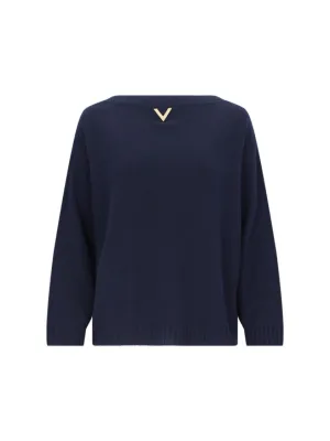 V Detail' Blue Cashmere Logo Sweater  Blue