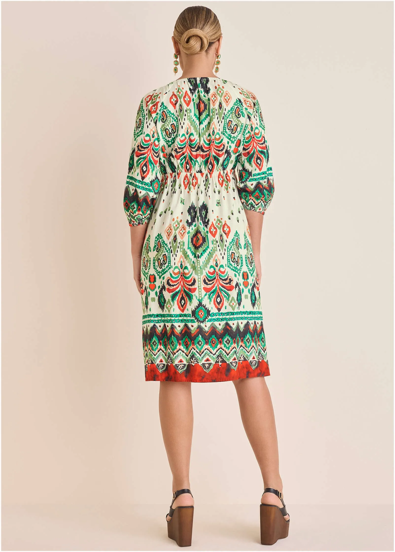 V-Neck Midi Dress - Seti Olive Ikat