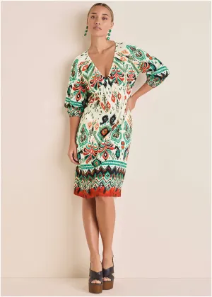 V-Neck Midi Dress - Seti Olive Ikat