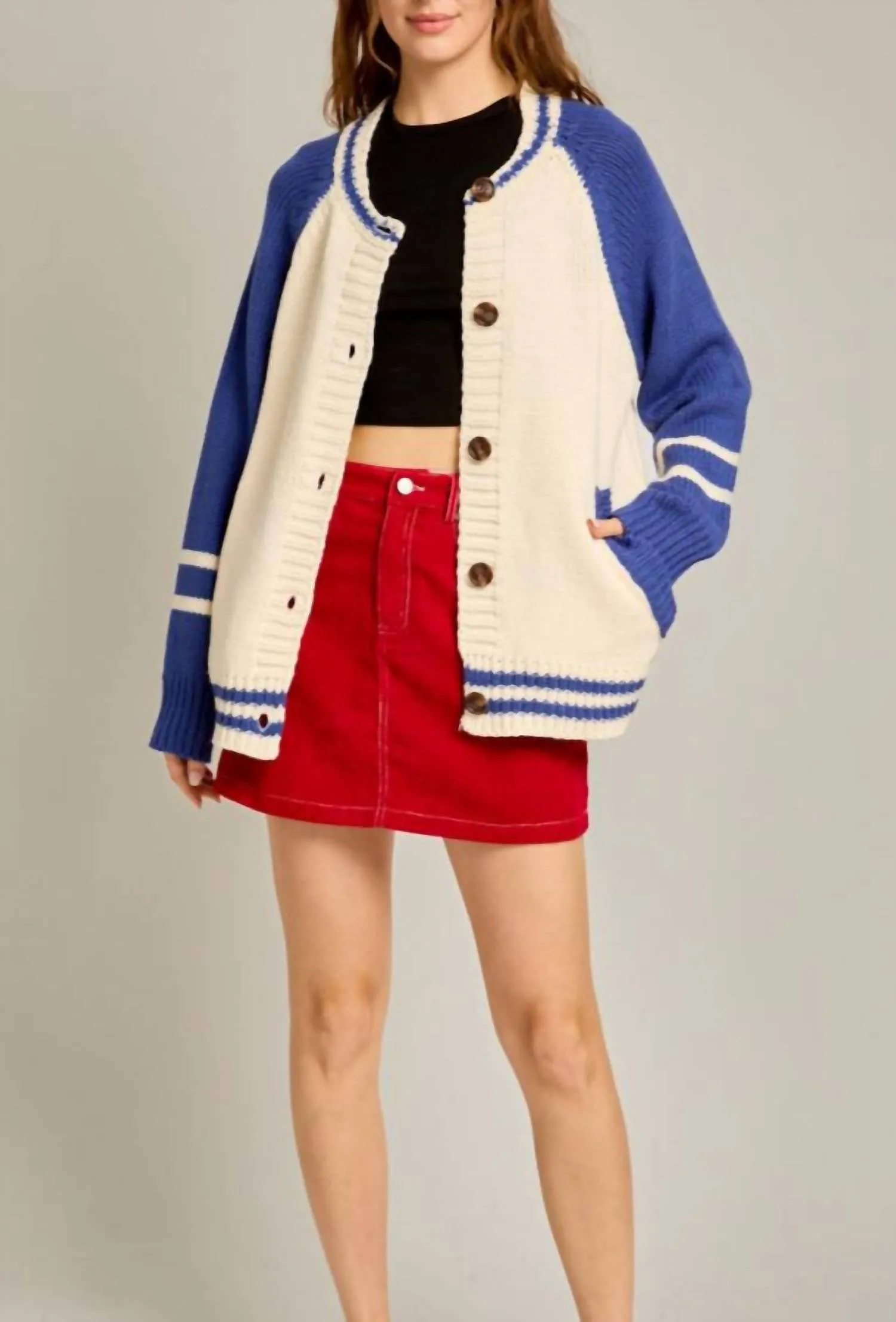 Varsity Knit Cardigan In Ivory/blue