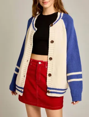 Varsity Knit Cardigan In Ivory/blue