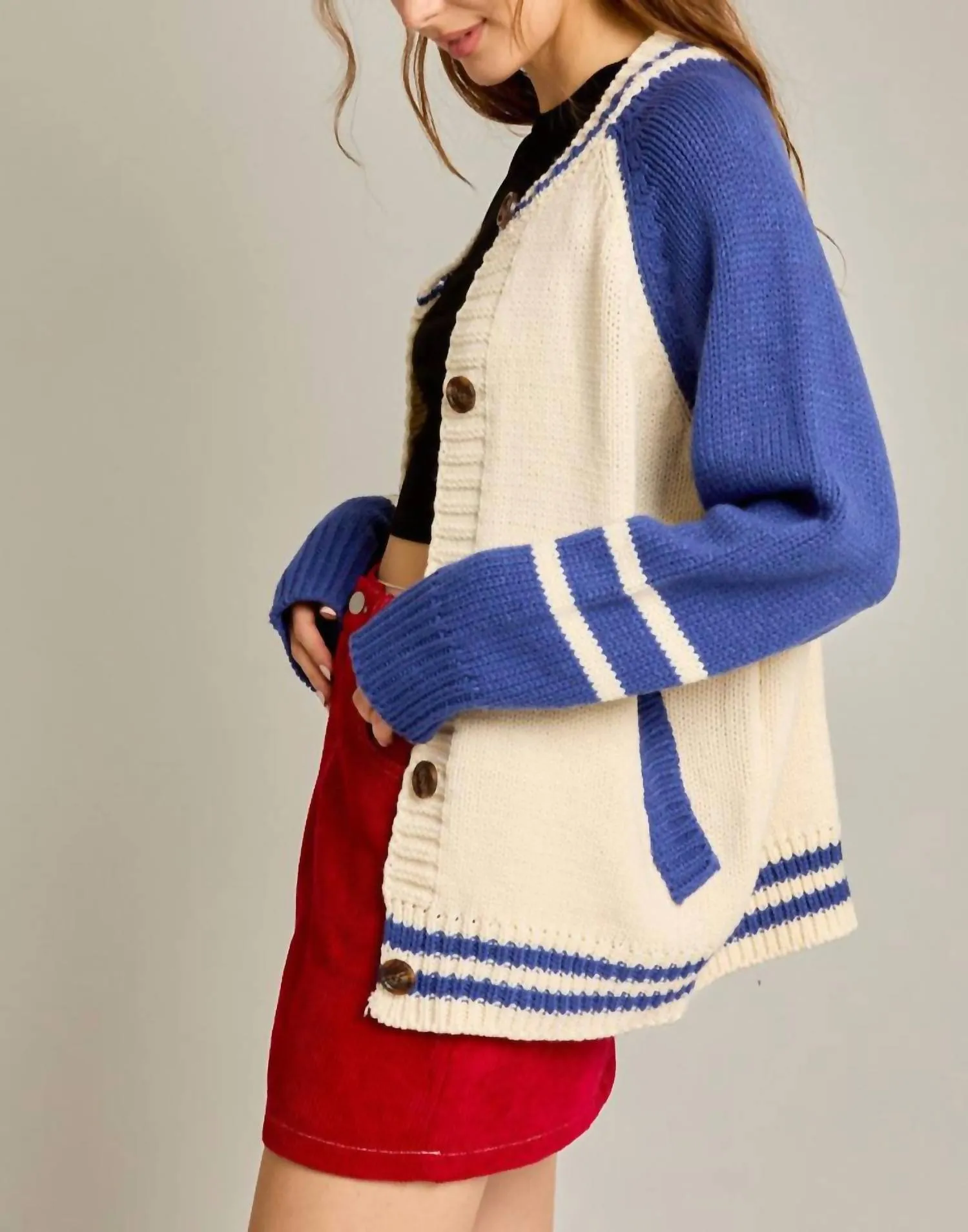 Varsity Knit Cardigan In Ivory/blue