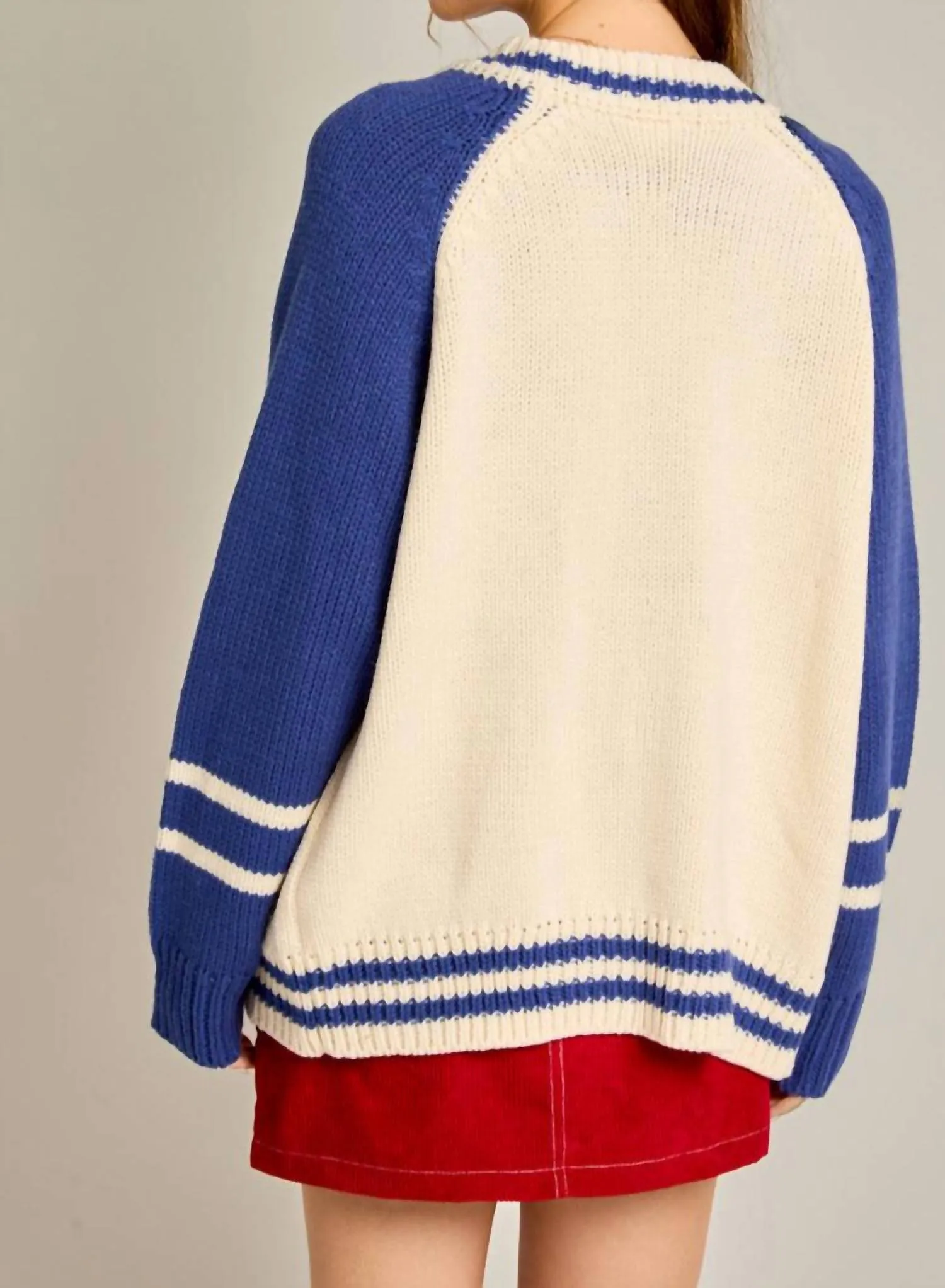 Varsity Knit Cardigan In Ivory/blue