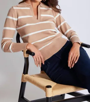 Veronica Stripe Polo Sweater In Camel