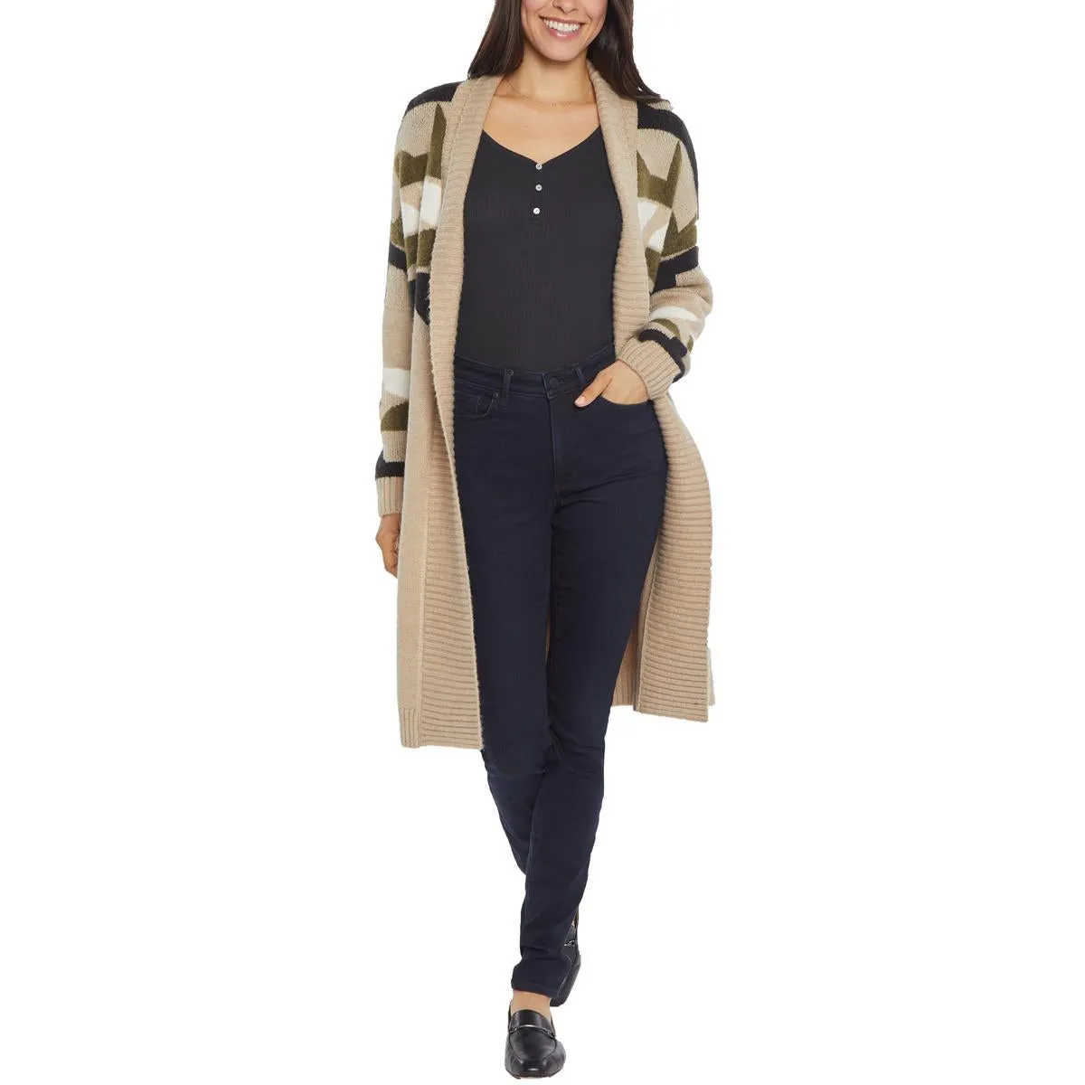 Womens Ribbed Trim  Manmade Cardigan Sweater