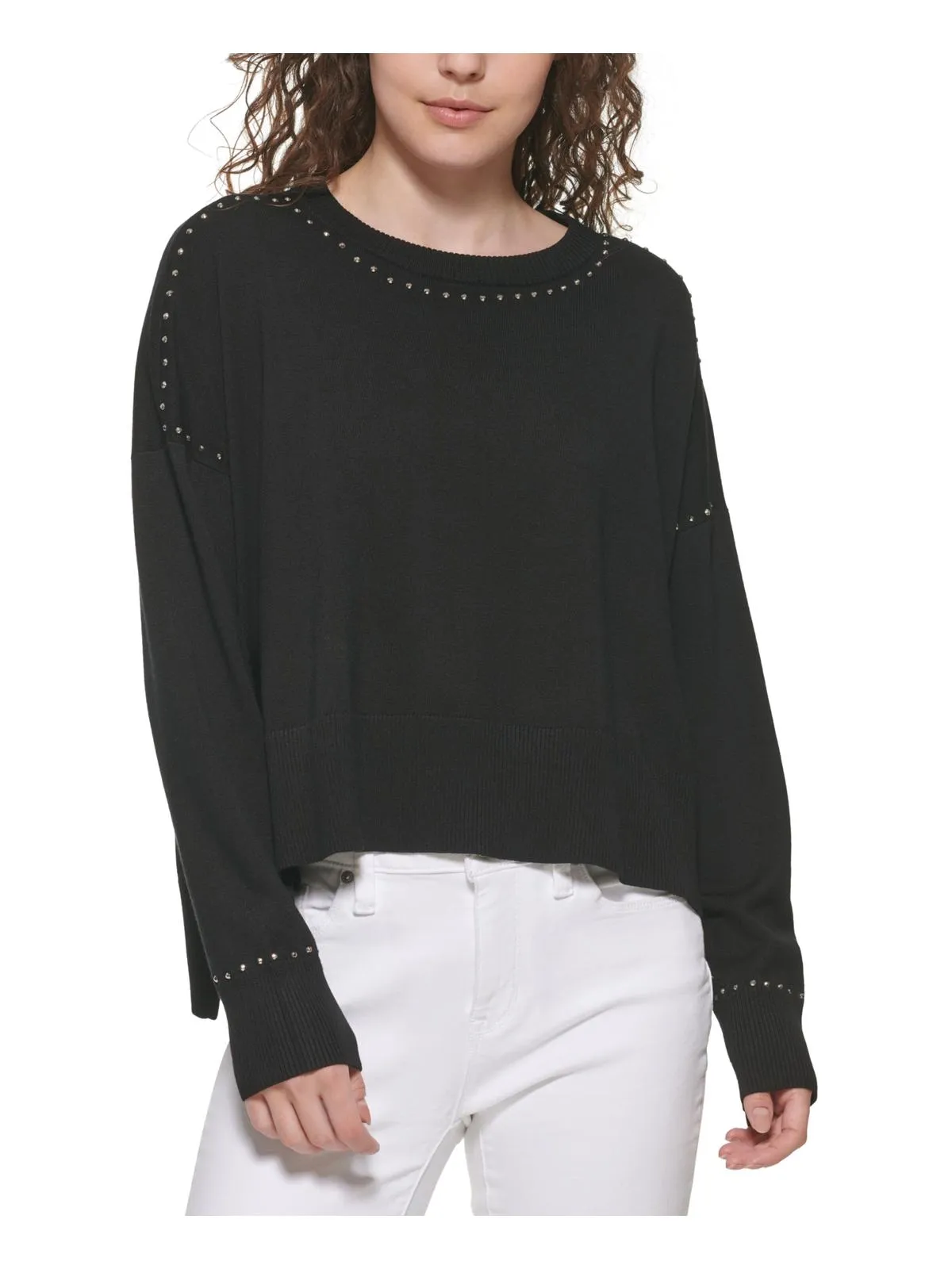 Womens Studded Crew Neck Pullover Sweater