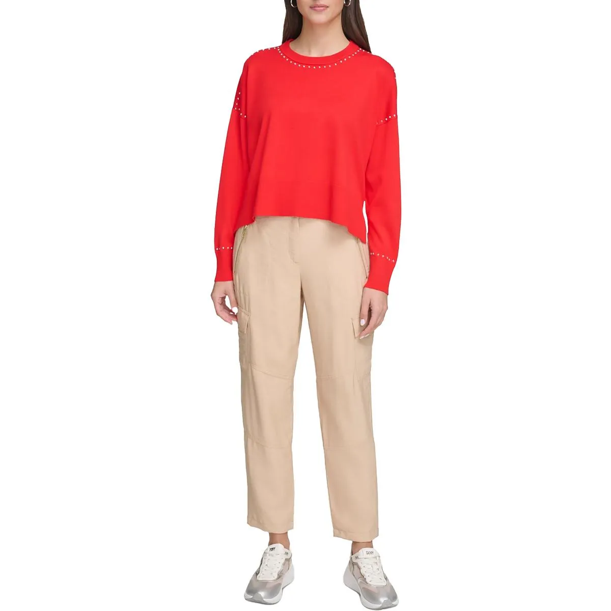 Womens Studded Crew Neck Pullover Sweater