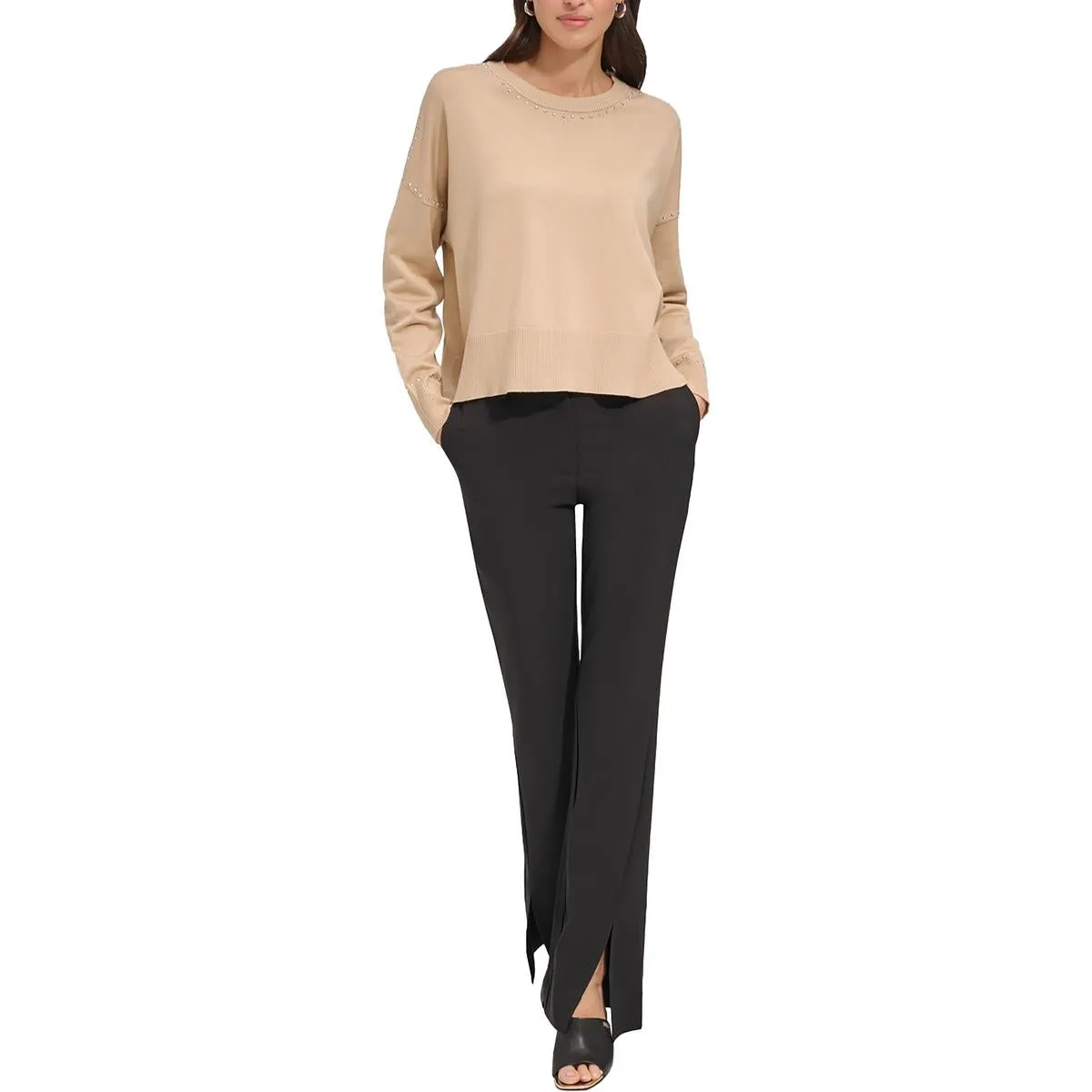 Womens Studded Crew Neck Pullover Sweater