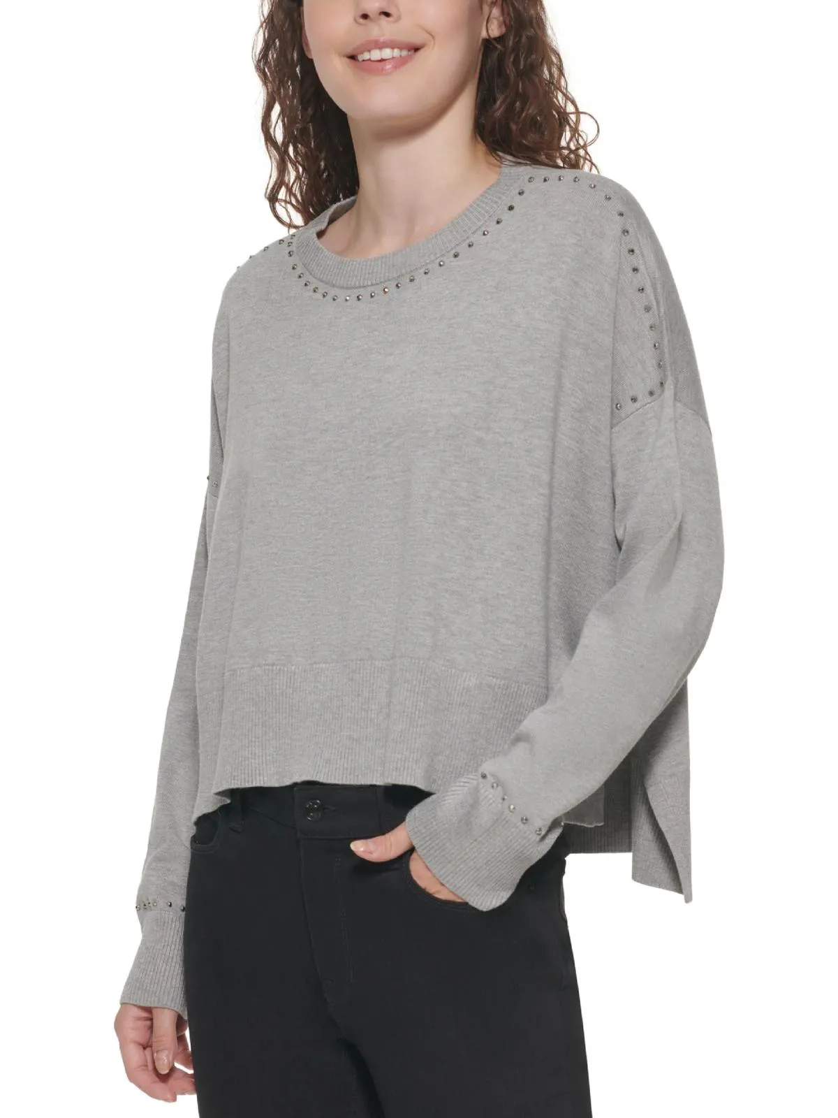 Womens Studded Crew Neck Pullover Sweater