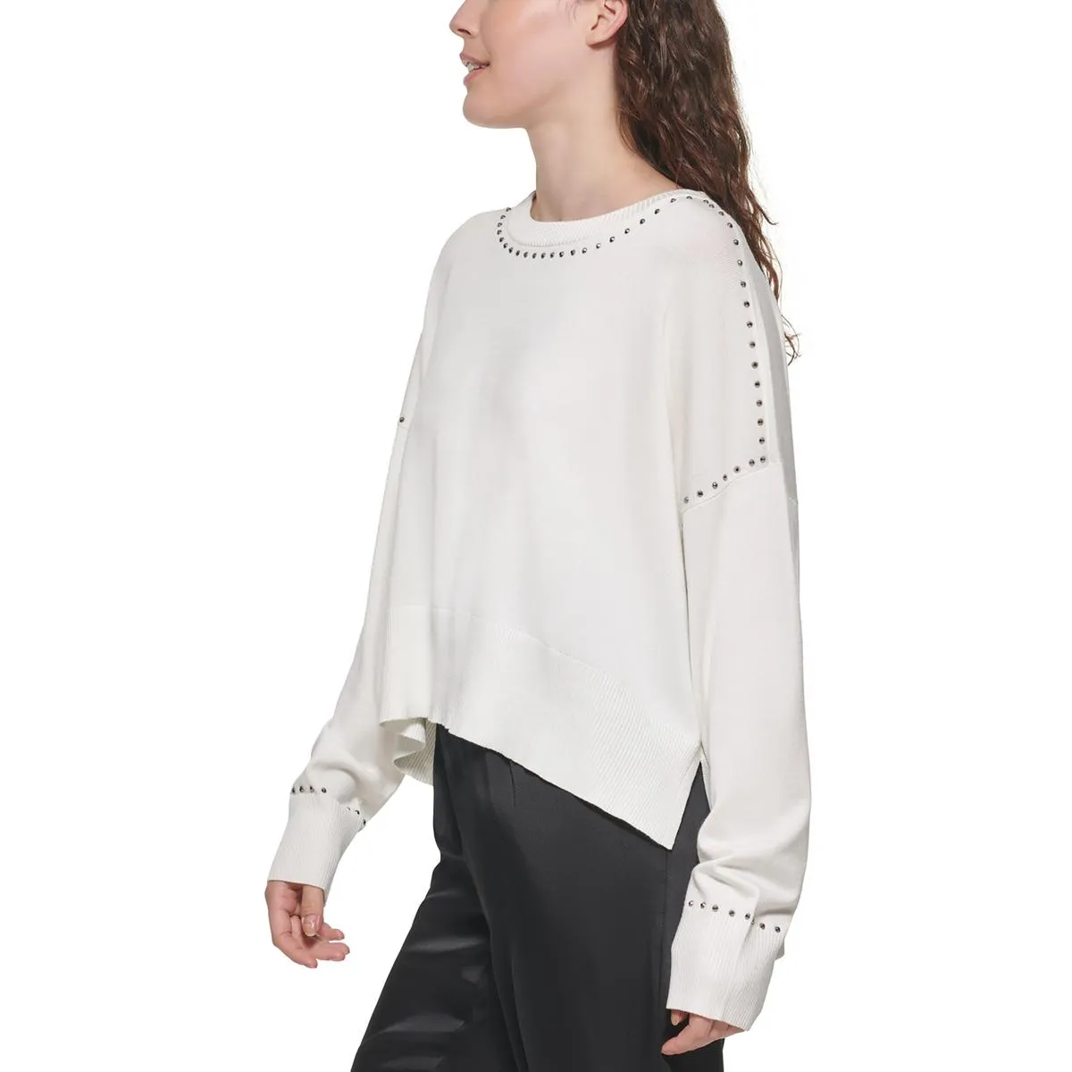 Womens Studded Crew Neck Pullover Sweater