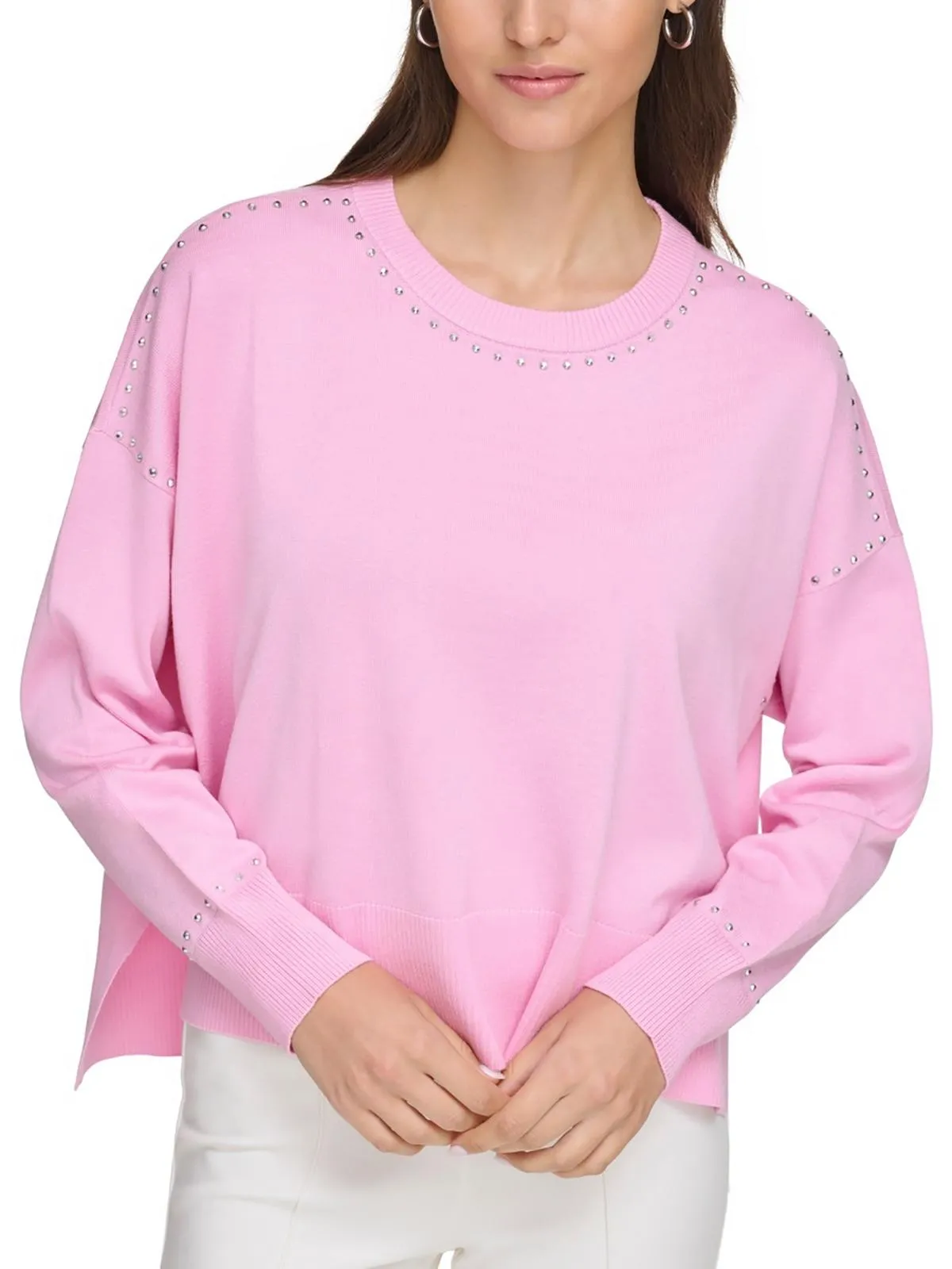Womens Studded Crew Neck Pullover Sweater