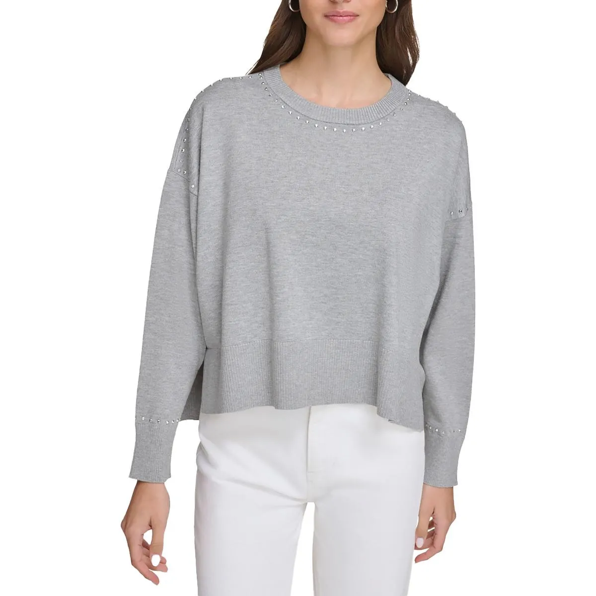 Womens Studded Crew Neck Pullover Sweater