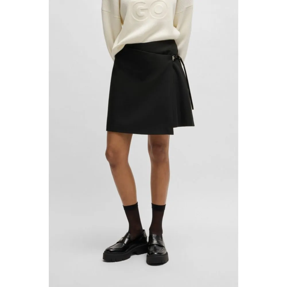 Wrap mini skirt with branded belt buckle
