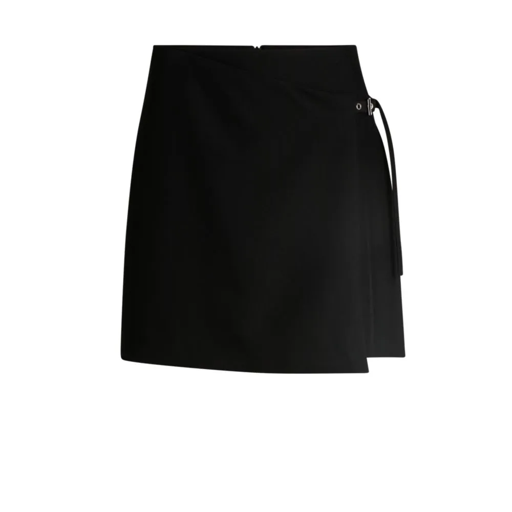 Wrap mini skirt with branded belt buckle