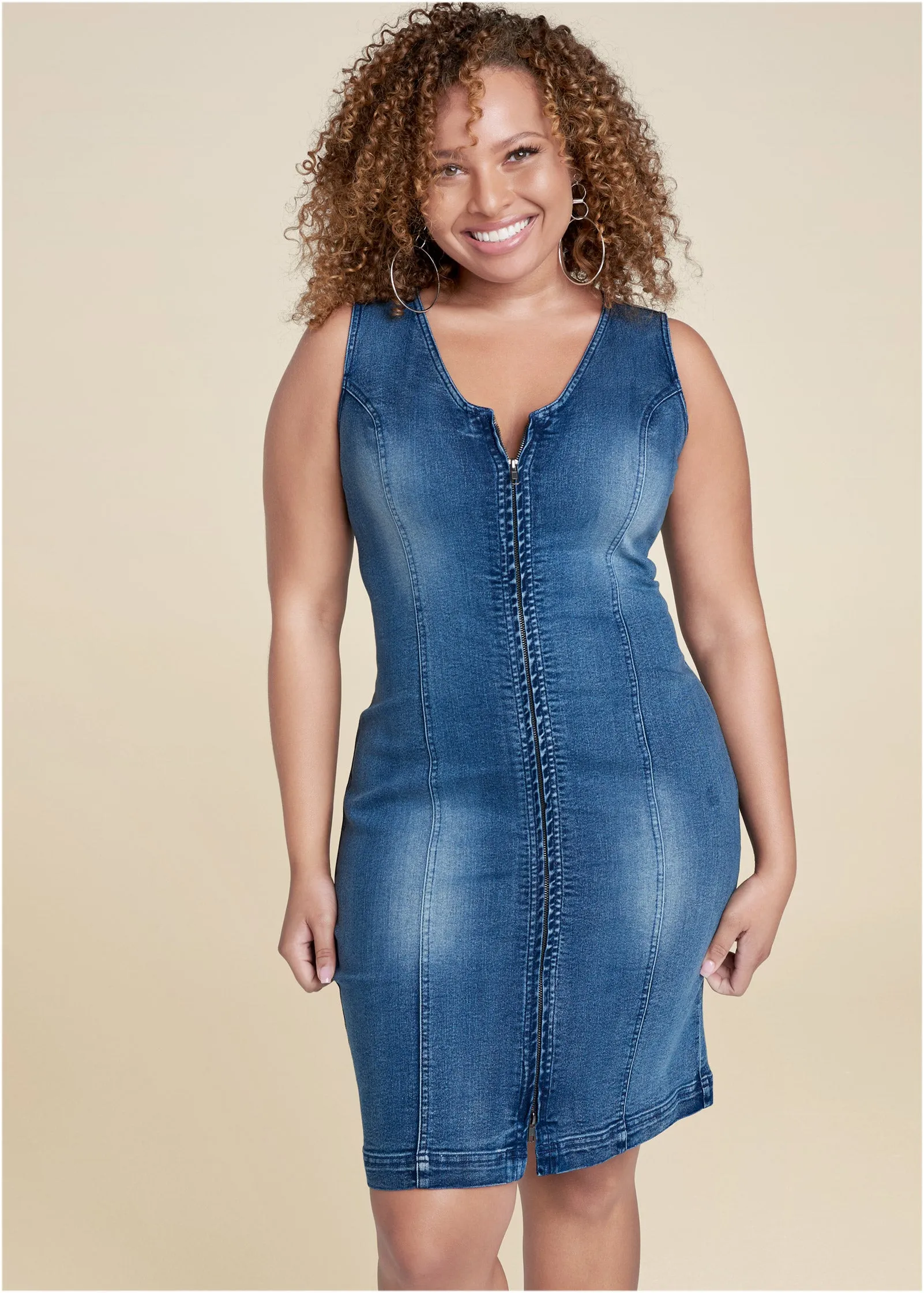 Zip Detail Denim Dress - Medium Wash
