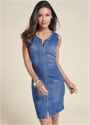 Zip Detail Denim Dress - Medium Wash