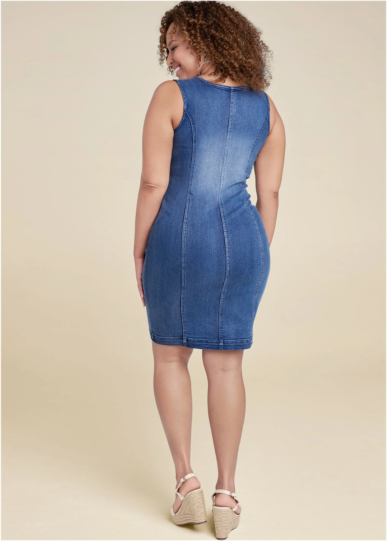 Zip Detail Denim Dress - Medium Wash