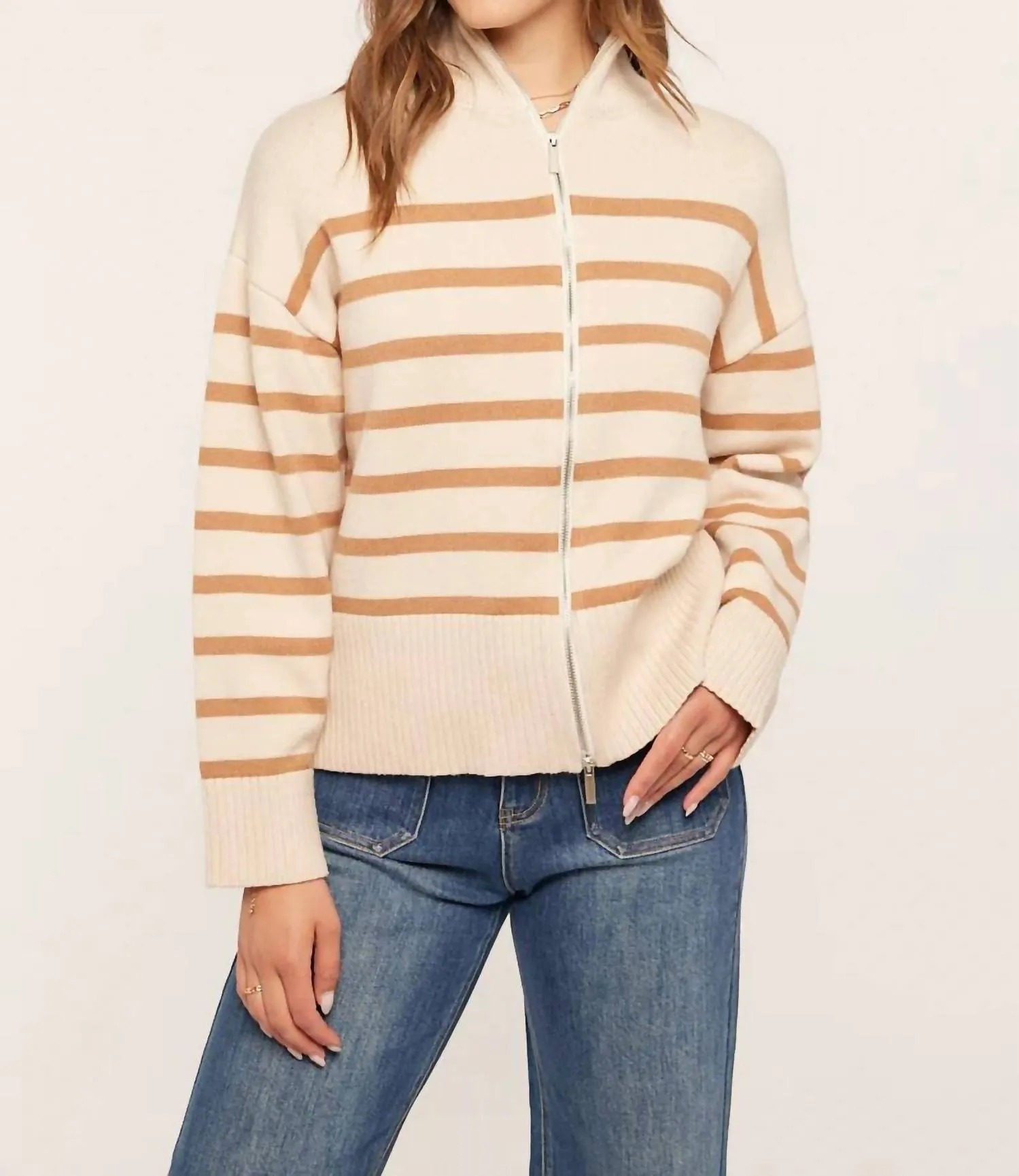 Zip Up Sweater In Oatmeal/camel